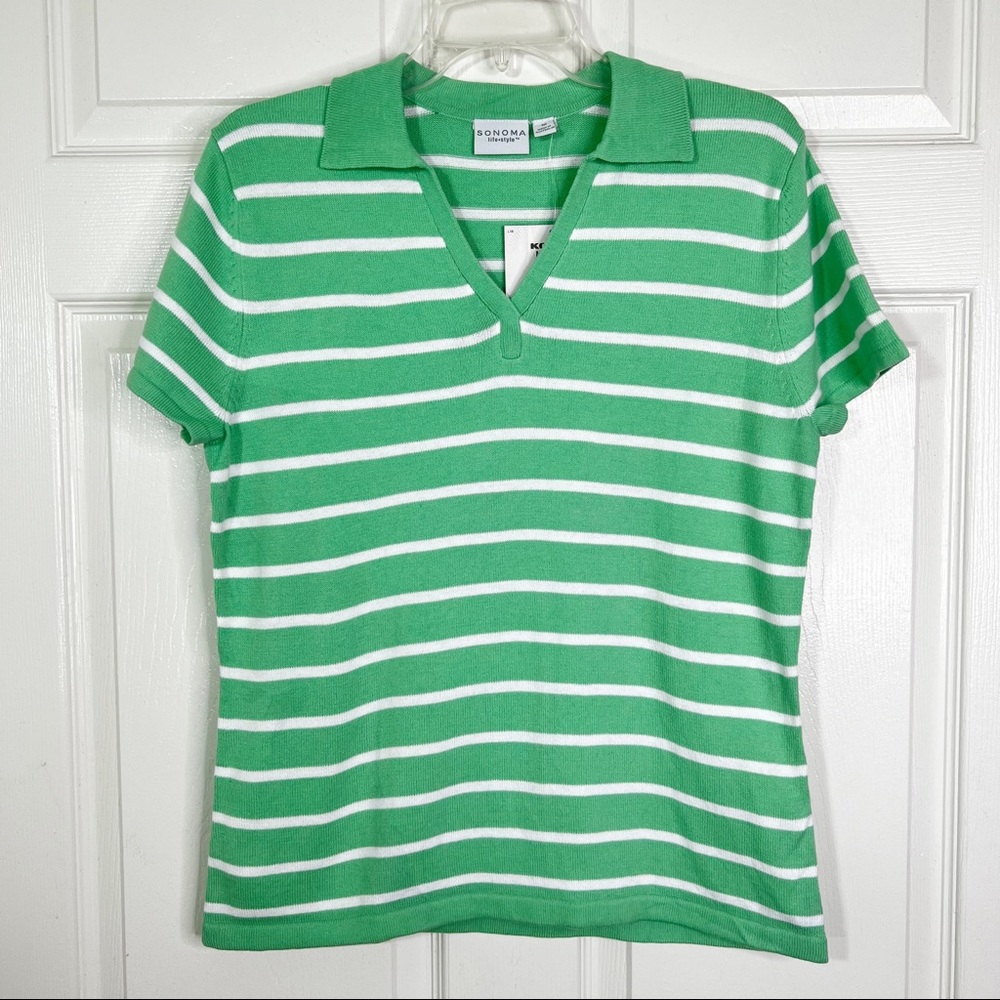 NWT Sonoma Striped Short Sleeve V-Neck Collared Polo Shirt Women’s Size M